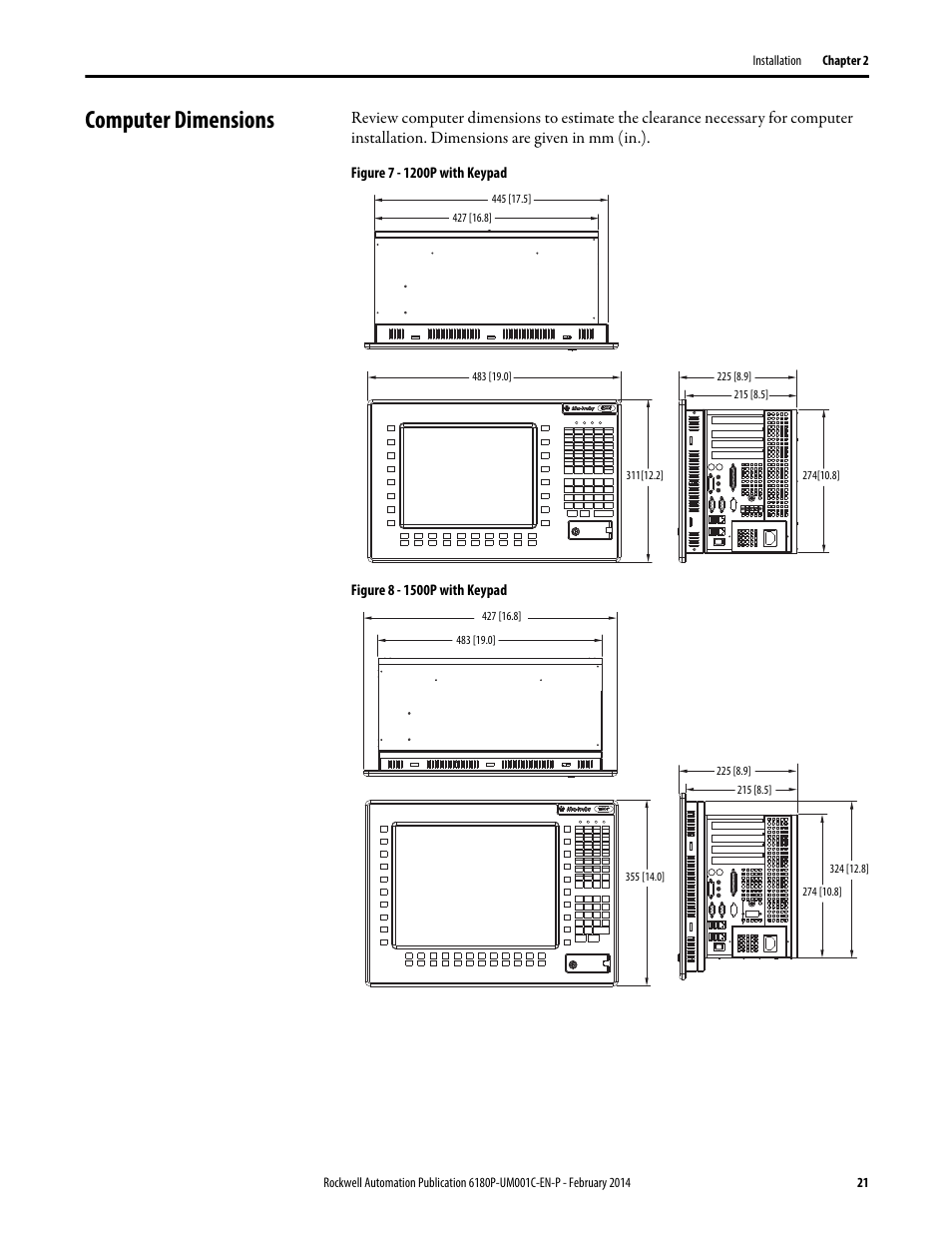 Computer dimensions | Rockwell Automation 6180P-xxxx Integrated Display Computers with Keypad User Manual User Manual | Page 21 / 68