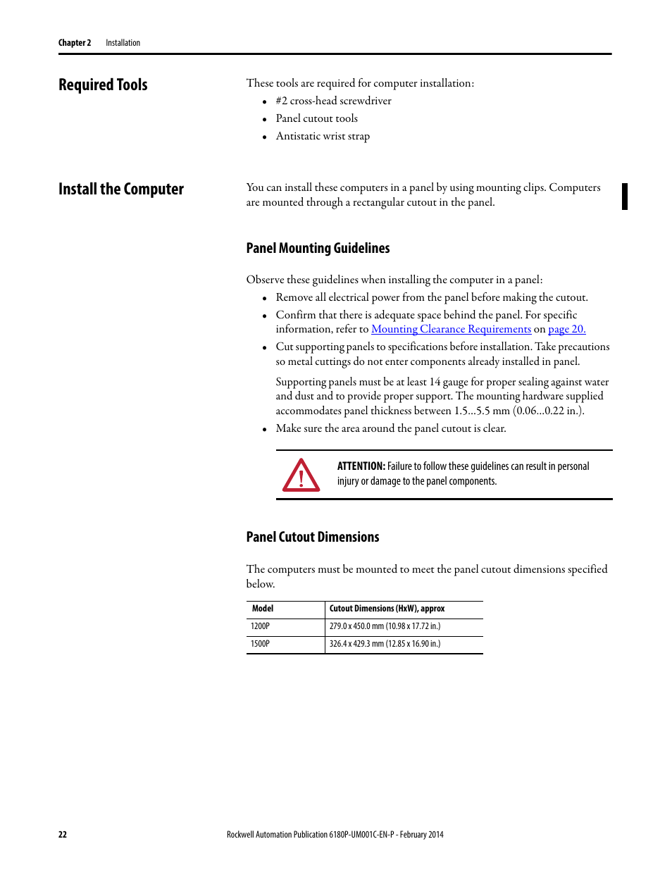 Required tools, Install the computer, Panel mounting guidelines | Panel cutout dimensions, Required tools install the computer, Panel mounting guidelines panel cutout dimensions | Rockwell Automation 6180P-xxxx Integrated Display Computers with Keypad User Manual User Manual | Page 22 / 68