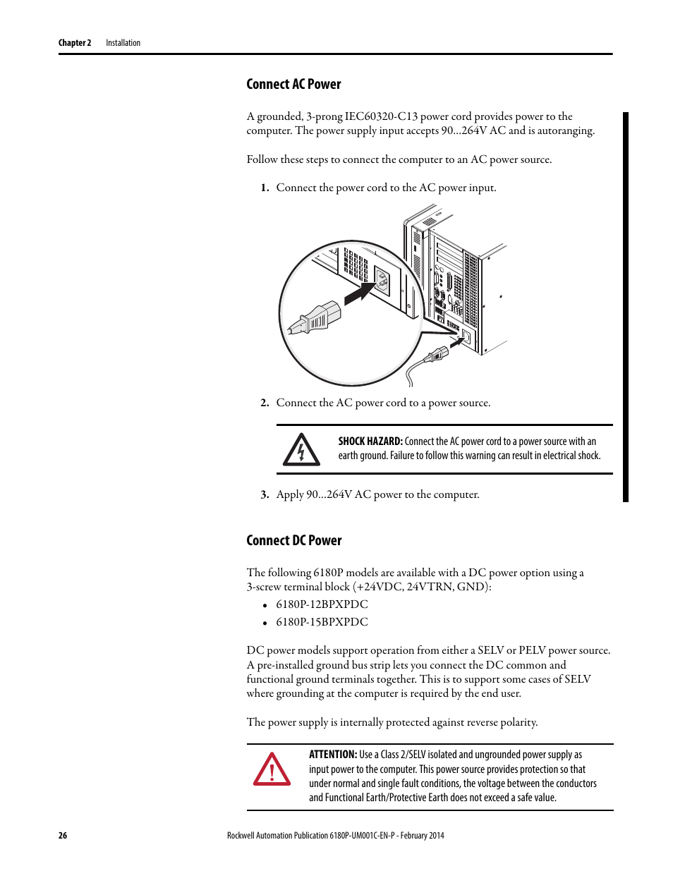 Connect ac power, Connect dc power, Connect ac power connect dc power | Rockwell Automation 6180P-xxxx Integrated Display Computers with Keypad User Manual User Manual | Page 26 / 68