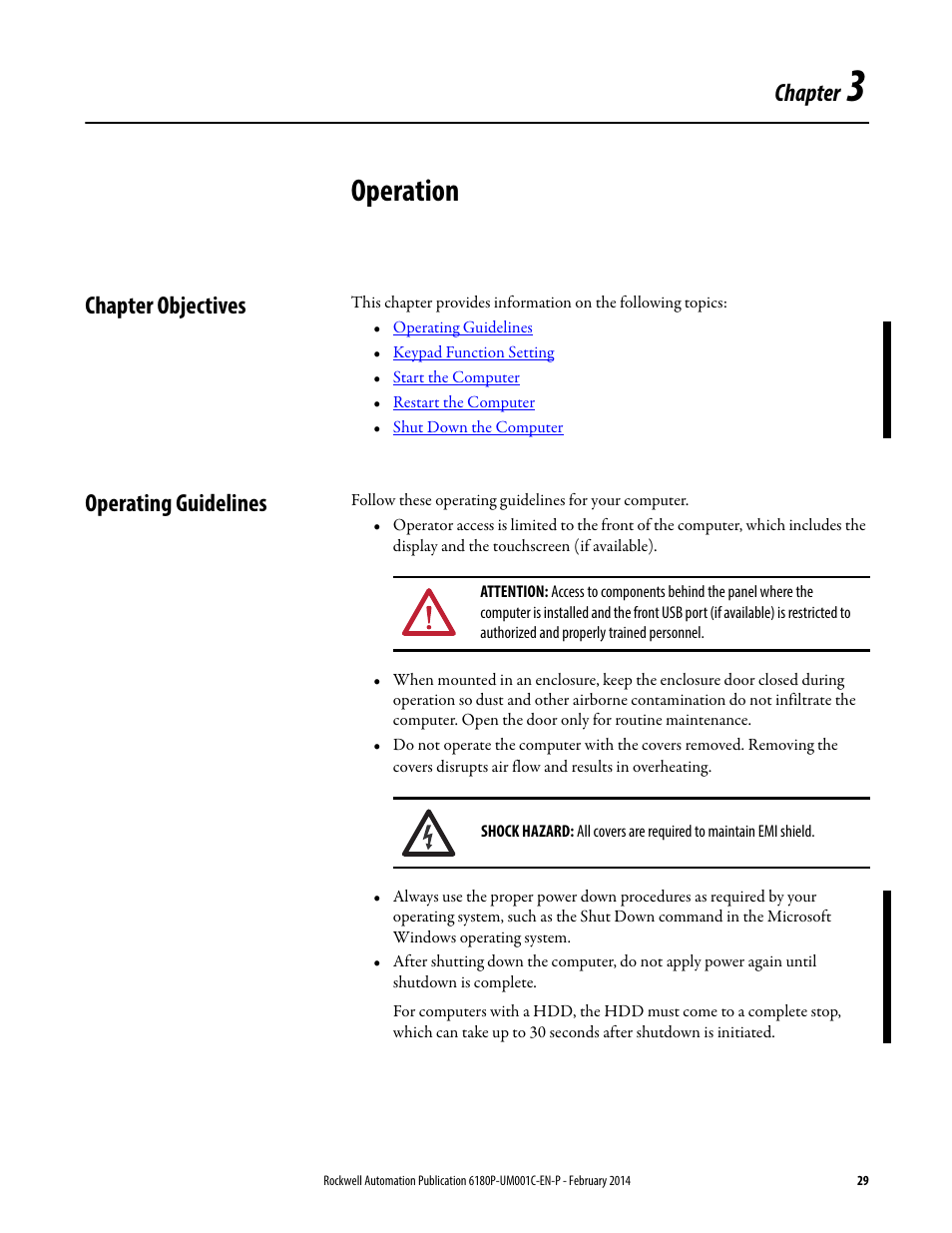 3 - operation, Chapter objectives, Operating guidelines | Chapter 3, Operation, Chapter objectives operating guidelines, Chapter | Rockwell Automation 6180P-xxxx Integrated Display Computers with Keypad User Manual User Manual | Page 29 / 68