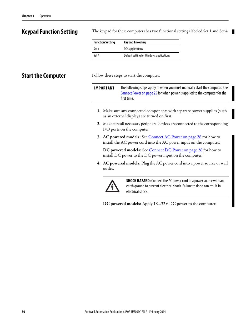 Keypad function setting, Start the computer, Keypad function setting start the computer | Rockwell Automation 6180P-xxxx Integrated Display Computers with Keypad User Manual User Manual | Page 30 / 68