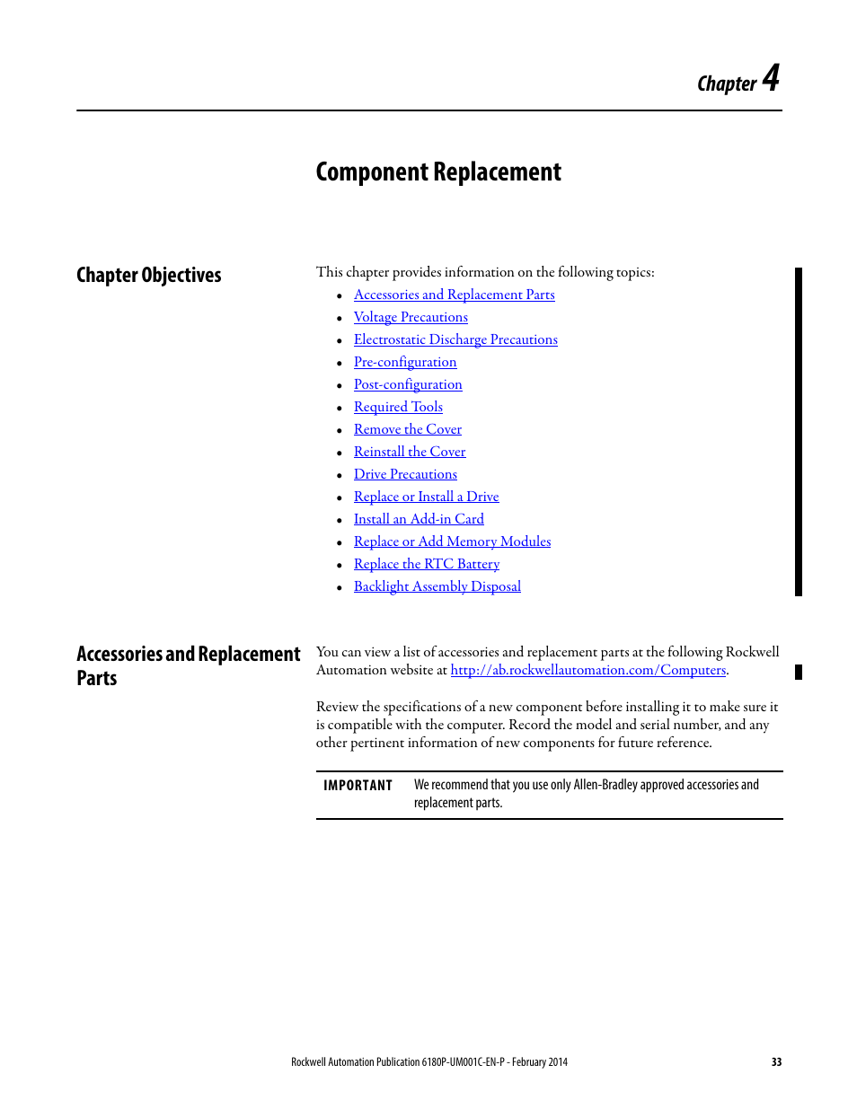 4 - component replacement, Chapter objectives, Accessories and replacement parts | Chapter 4, Component replacement, Chapter | Rockwell Automation 6180P-xxxx Integrated Display Computers with Keypad User Manual User Manual | Page 33 / 68