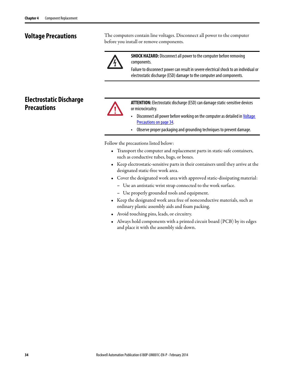 Voltage precautions, Electrostatic discharge precautions | Rockwell Automation 6180P-xxxx Integrated Display Computers with Keypad User Manual User Manual | Page 34 / 68