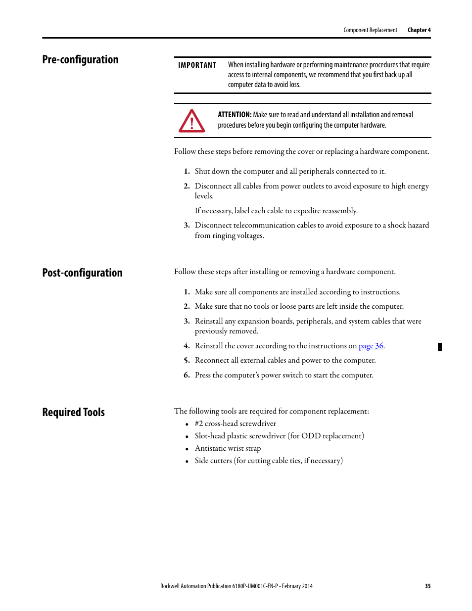 Pre-configuration, Post-configuration, Required tools | Rockwell Automation 6180P-xxxx Integrated Display Computers with Keypad User Manual User Manual | Page 35 / 68