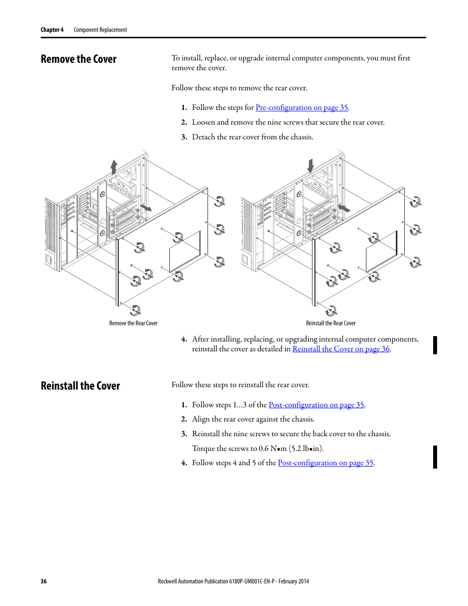 Remove the cover, Reinstall the cover, Remove the cover reinstall the cover | Rockwell Automation 6180P-xxxx Integrated Display Computers with Keypad User Manual User Manual | Page 36 / 68