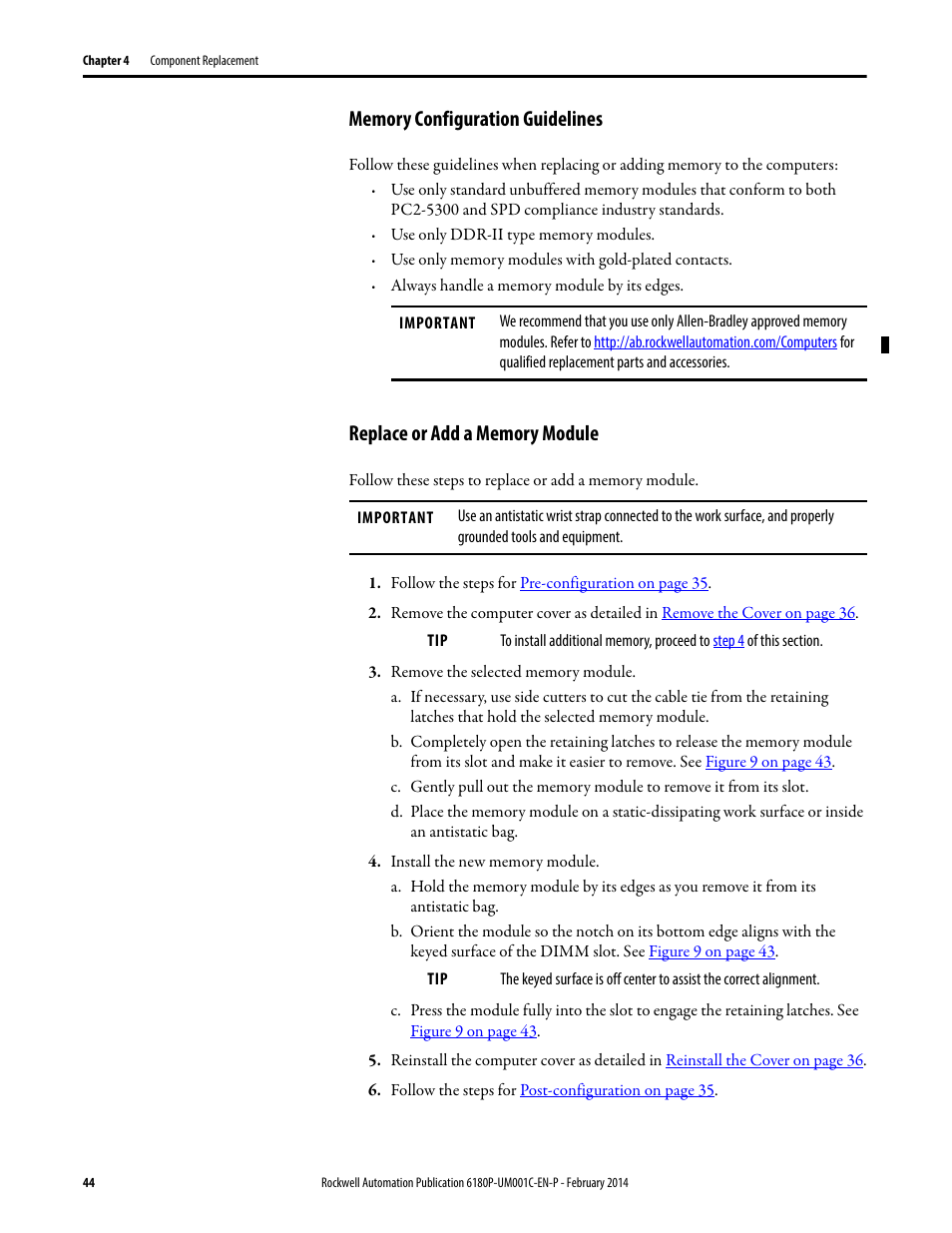 Memory configuration guidelines, Replace or add a memory module | Rockwell Automation 6180P-xxxx Integrated Display Computers with Keypad User Manual User Manual | Page 44 / 68