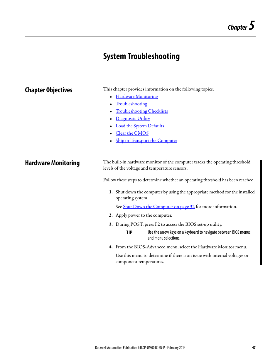 5 - system troubleshooting, Chapter objectives, Hardware monitoring | Chapter 5, System troubleshooting, Chapter objectives hardware monitoring, Chapter | Rockwell Automation 6180P-xxxx Integrated Display Computers with Keypad User Manual User Manual | Page 47 / 68