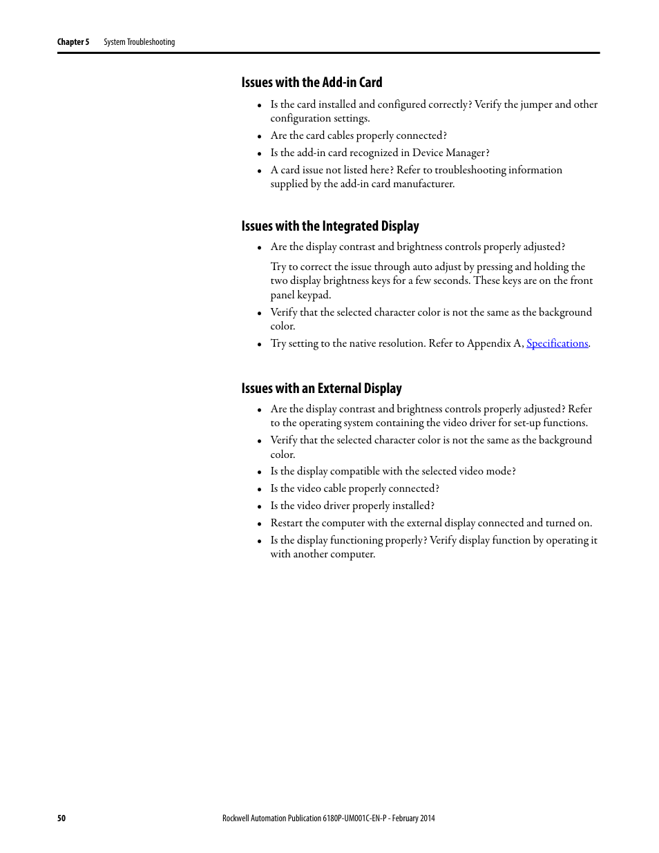 Issues with the add-in card, Issues with the integrated display, Issues with an external display | Rockwell Automation 6180P-xxxx Integrated Display Computers with Keypad User Manual User Manual | Page 50 / 68