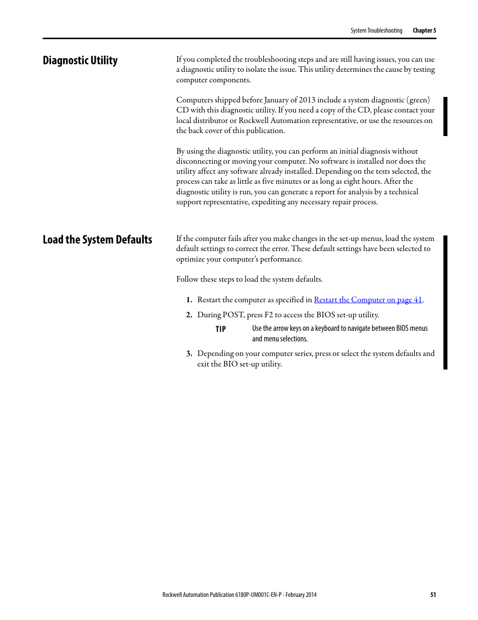 Diagnostic utility, Load the system defaults, Diagnostic utility load the system defaults | Rockwell Automation 6180P-xxxx Integrated Display Computers with Keypad User Manual User Manual | Page 51 / 68