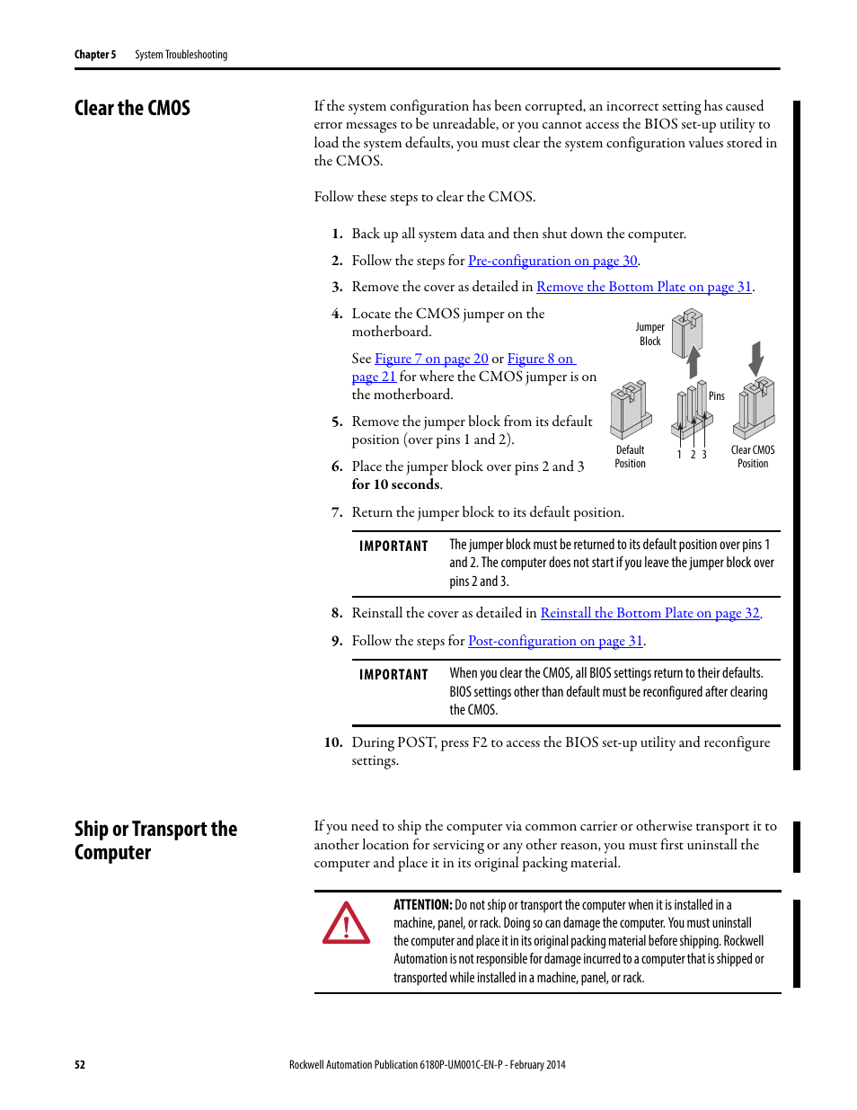 Clear the cmos, Ship or transport the computer, Clear the cmos ship or transport the computer | Clear the | Rockwell Automation 6180P-xxxx Integrated Display Computers with Keypad User Manual User Manual | Page 52 / 68