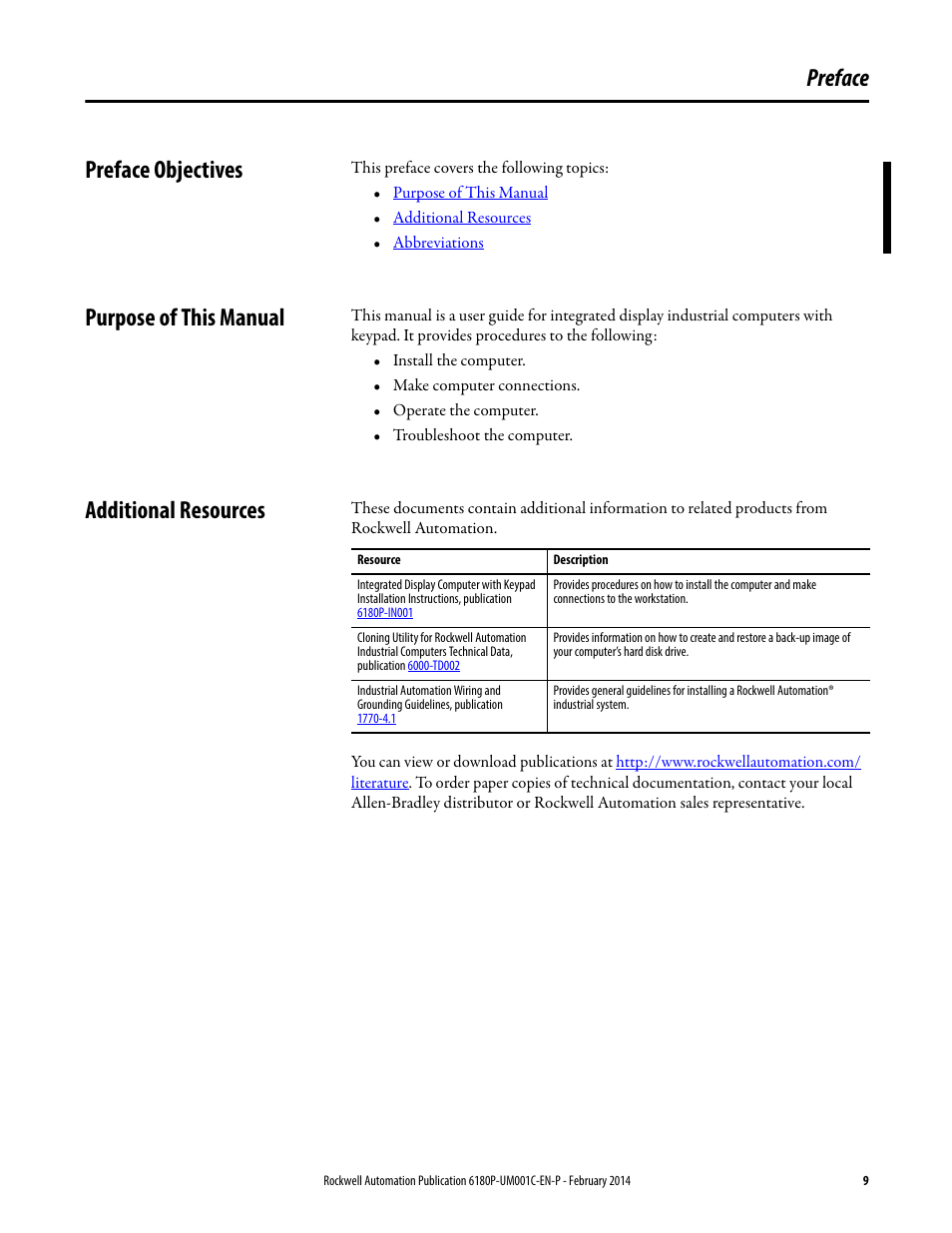 Preface, Preface objectives, Purpose of this manual | Additional resources, Preface preface objectives | Rockwell Automation 6180P-xxxx Integrated Display Computers with Keypad User Manual User Manual | Page 9 / 68