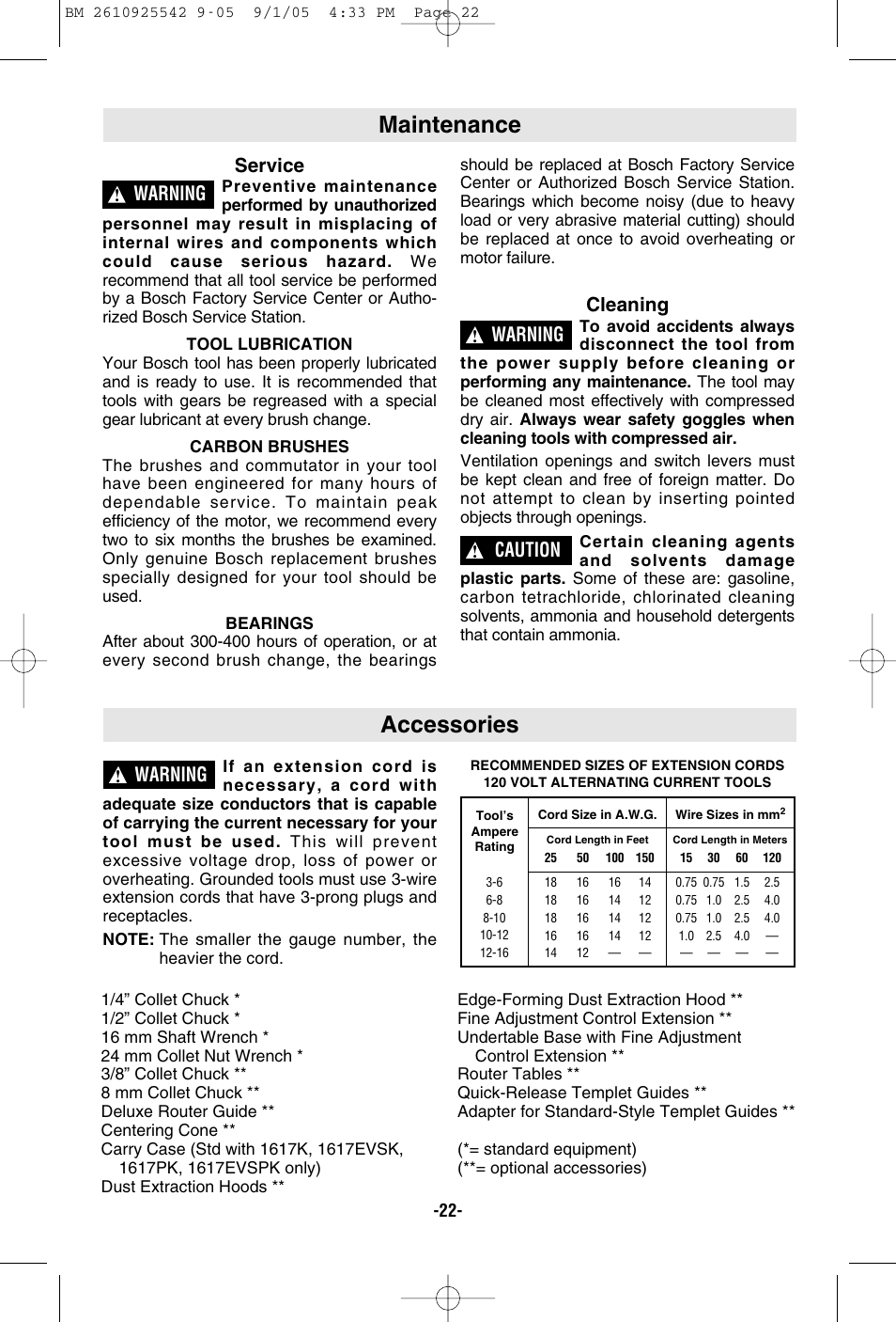 Accessories, Maintenance, Service | Cleaning, Warning, Caution | Bosch 1617 User Manual | Page 22 / 68