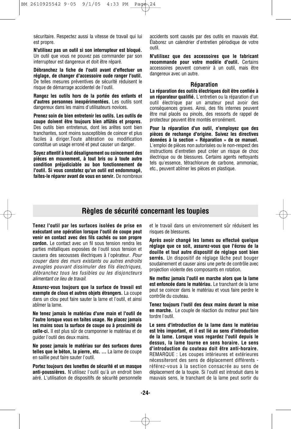 Règles de sécurité concernant les toupies | Bosch 1617 User Manual | Page 24 / 68