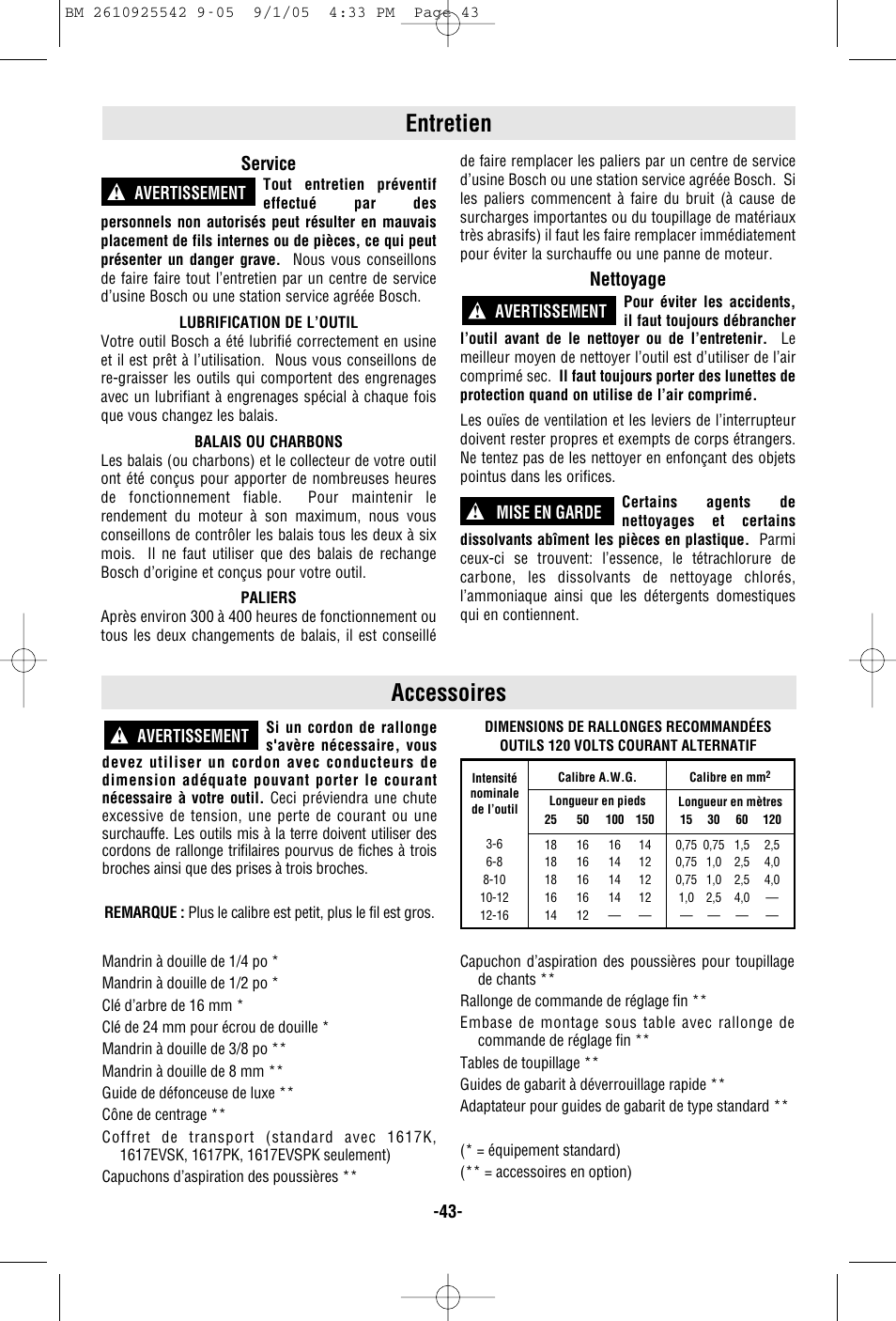 Entretien accessoires, Service, Nettoyage | Bosch 1617 User Manual | Page 43 / 68