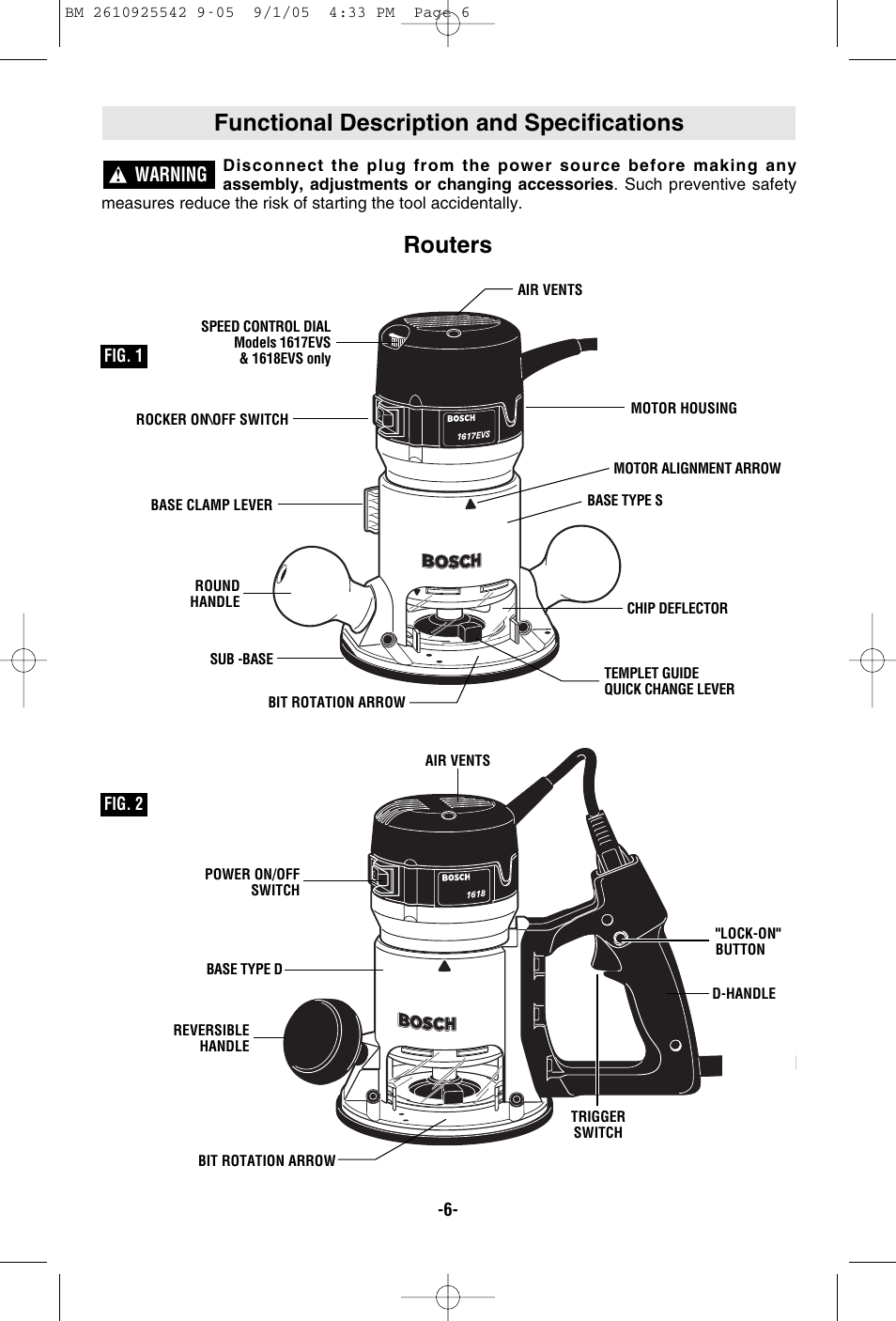 Functional description and specifications, Routers, Warning | Bosch 1617 User Manual | Page 6 / 68