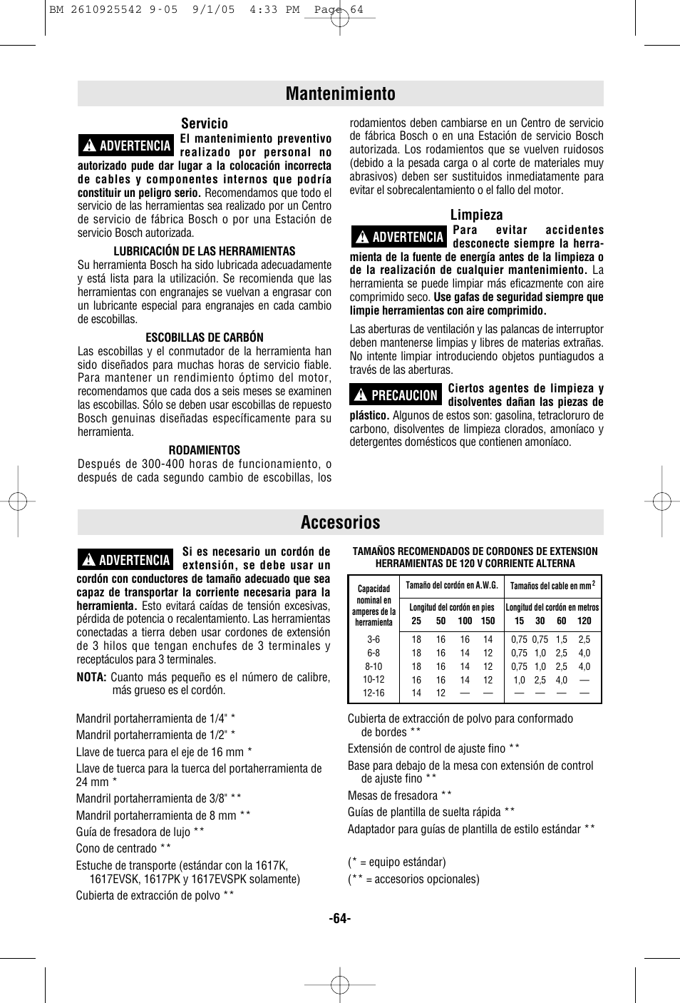 Mantenimiento accesorios, Servicio, Limpieza | Bosch 1617 User Manual | Page 64 / 68