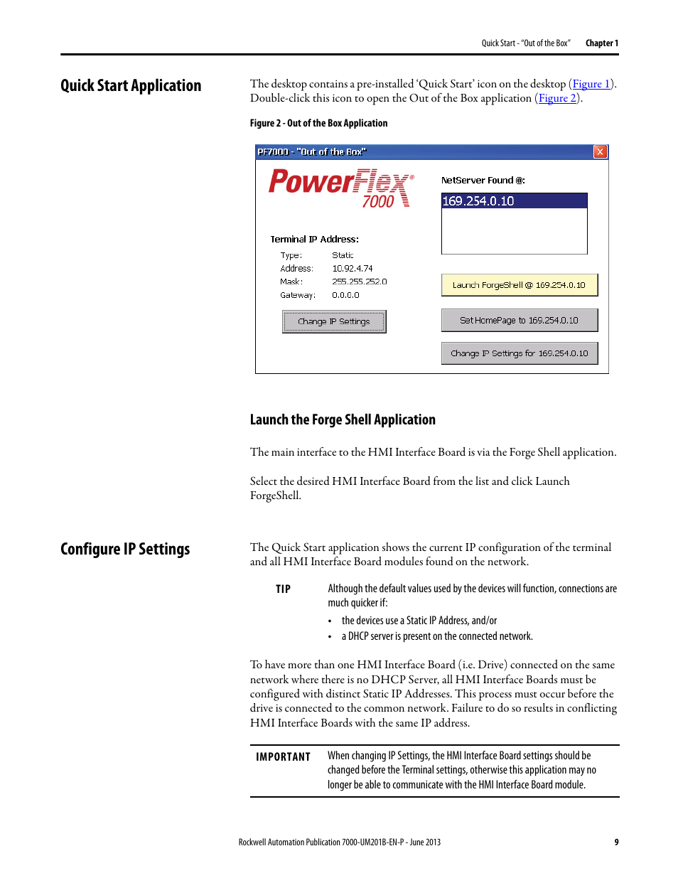 Quick start application, Launch the forge shell application, Configure ip settings | Rockwell Automation 7000 PowerFlex HMI Offering with Enhanced Functionality User Manual | Page 11 / 90