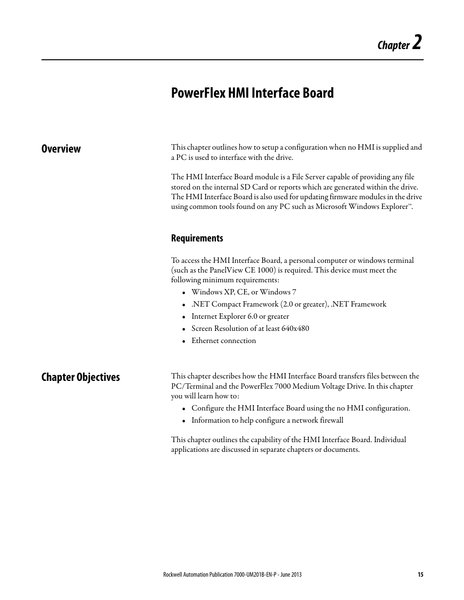 2 - powerflex hmi interface board, Overview, Requirements | Chapter objectives, Chapter 2, Powerflex hmi interface board, To setup a, Chapter | Rockwell Automation 7000 PowerFlex HMI Offering with Enhanced Functionality User Manual | Page 17 / 90