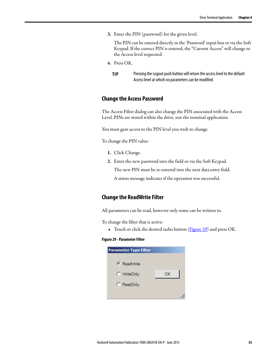 Change the access password, Change the readwrite filter | Rockwell Automation 7000 PowerFlex HMI Offering with Enhanced Functionality User Manual | Page 35 / 90