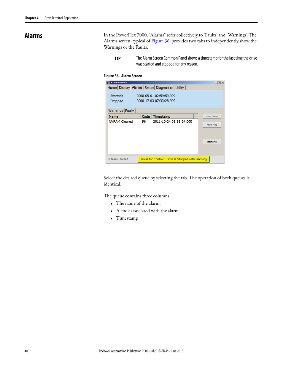 Alarms | Rockwell Automation 7000 PowerFlex HMI Offering with Enhanced Functionality User Manual | Page 42 / 90