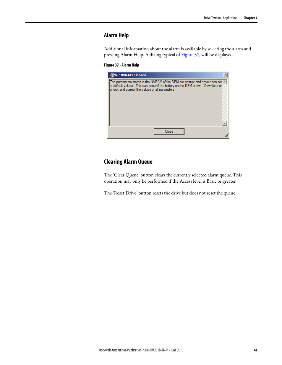 Alarm help, Clearing alarm queue, Alarm help clearing alarm queue | Rockwell Automation 7000 PowerFlex HMI Offering with Enhanced Functionality User Manual | Page 43 / 90