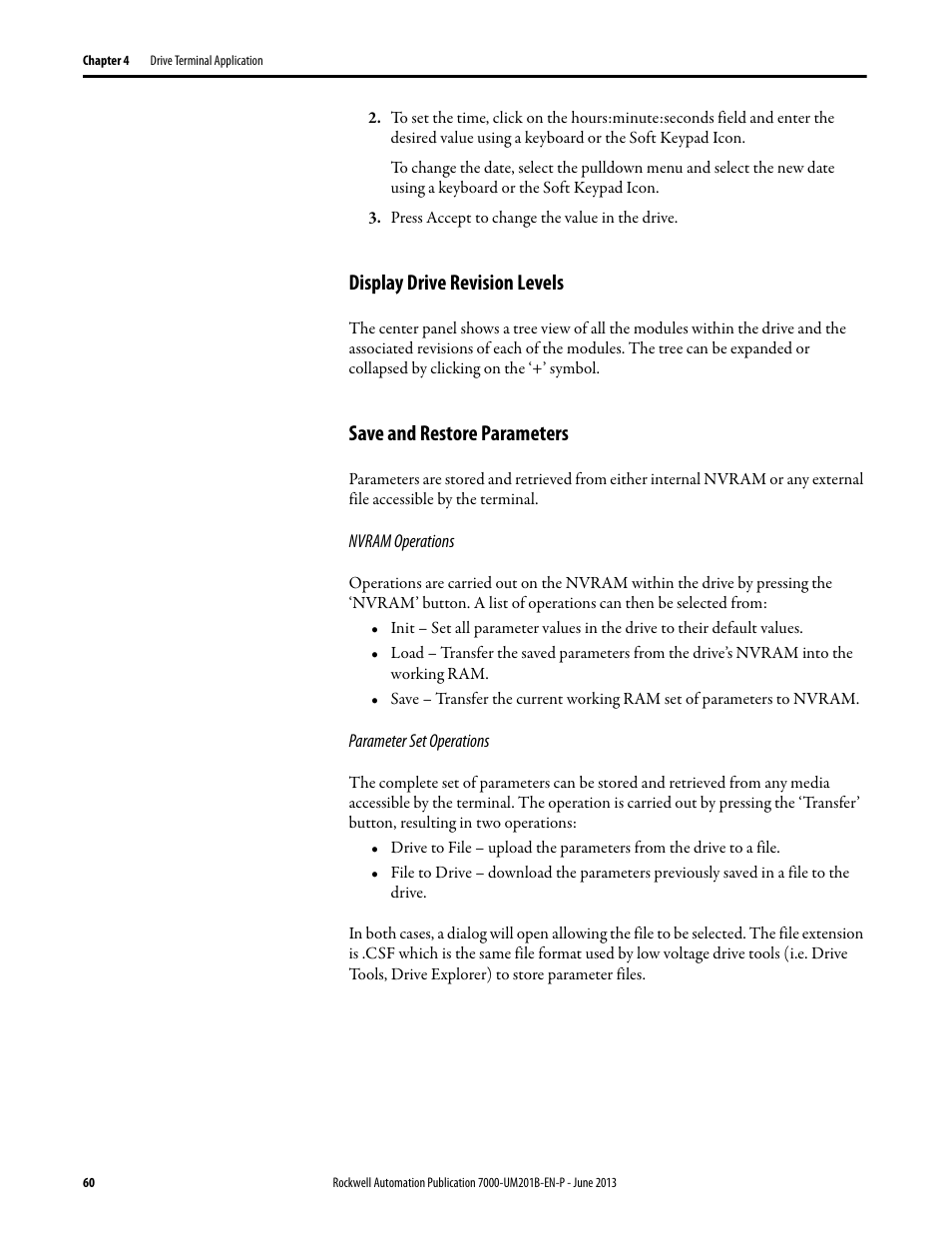 Display drive revision levels, Save and restore parameters | Rockwell Automation 7000 PowerFlex HMI Offering with Enhanced Functionality User Manual | Page 62 / 90