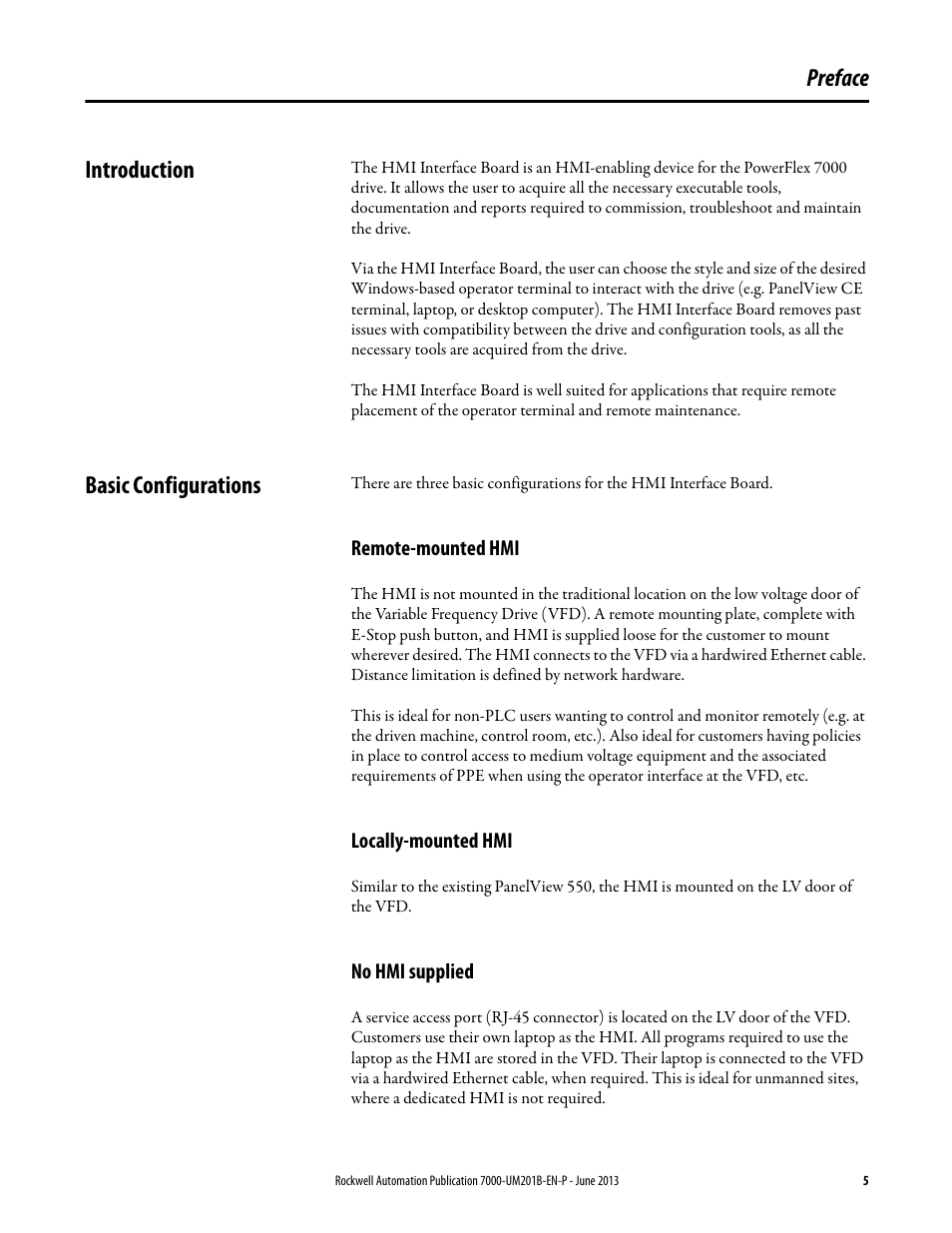 Preface, Introduction, Basic configurations | Remote-mounted hmi, Locally-mounted hmi, No hmi supplied, Introduction basic configurations, Preface introduction | Rockwell Automation 7000 PowerFlex HMI Offering with Enhanced Functionality User Manual | Page 7 / 90