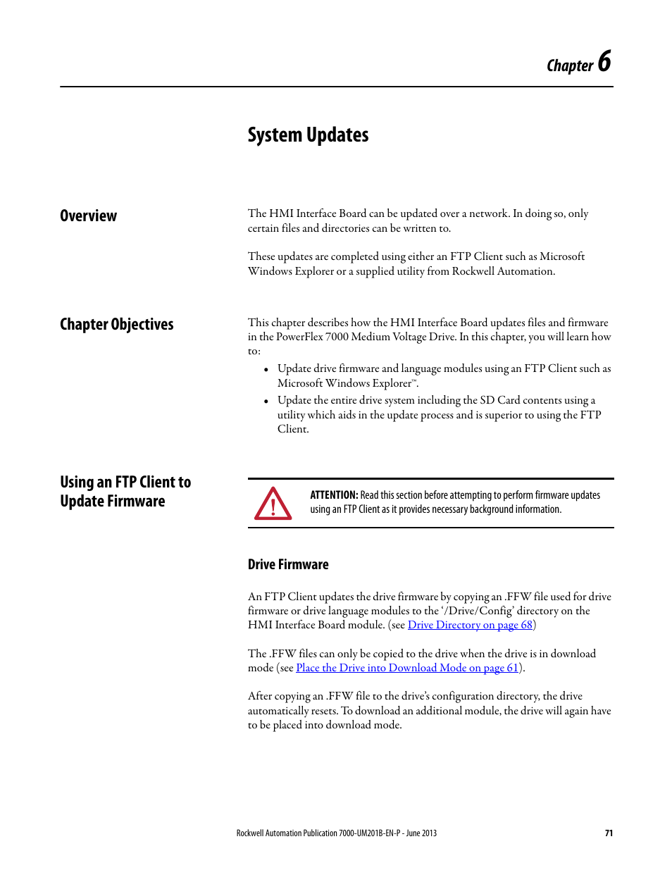 6 - system updates, Overview, Chapter objectives | Using an ftp client to update firmware, Drive firmware, Chapter 6, System updates, Chapter | Rockwell Automation 7000 PowerFlex HMI Offering with Enhanced Functionality User Manual | Page 73 / 90