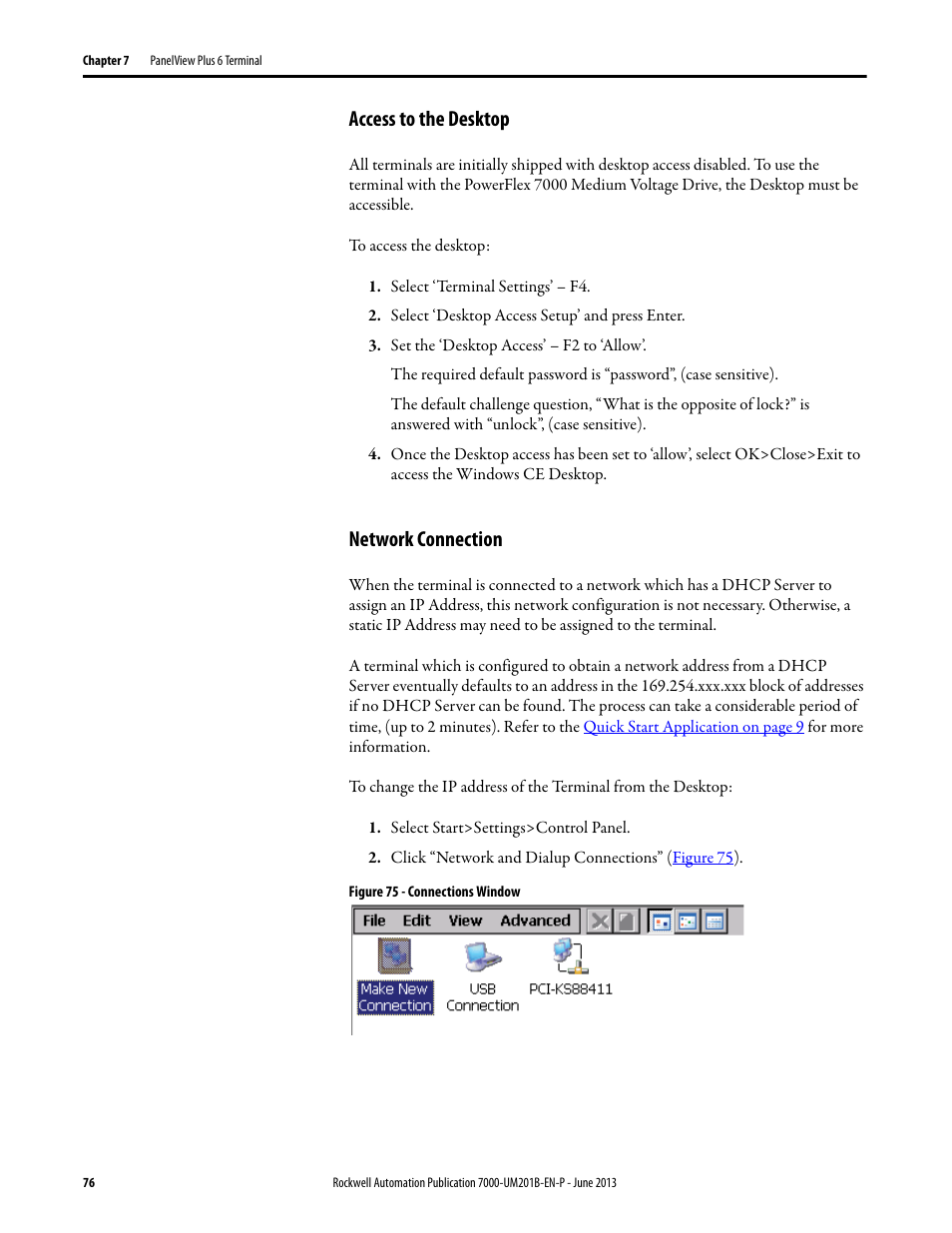 Access to the desktop, Network connection, Access to the desktop network connection | Rockwell Automation 7000 PowerFlex HMI Offering with Enhanced Functionality User Manual | Page 78 / 90