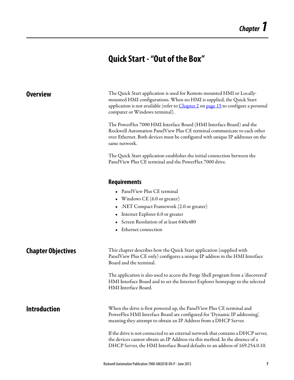 1 - quick start - “out of the box, Overview, Requirements | Chapter objectives, Introduction, Chapter 1, Quick start - “out of the box, Chapter objectives introduction, Chapter | Rockwell Automation 7000 PowerFlex HMI Offering with Enhanced Functionality User Manual | Page 9 / 90