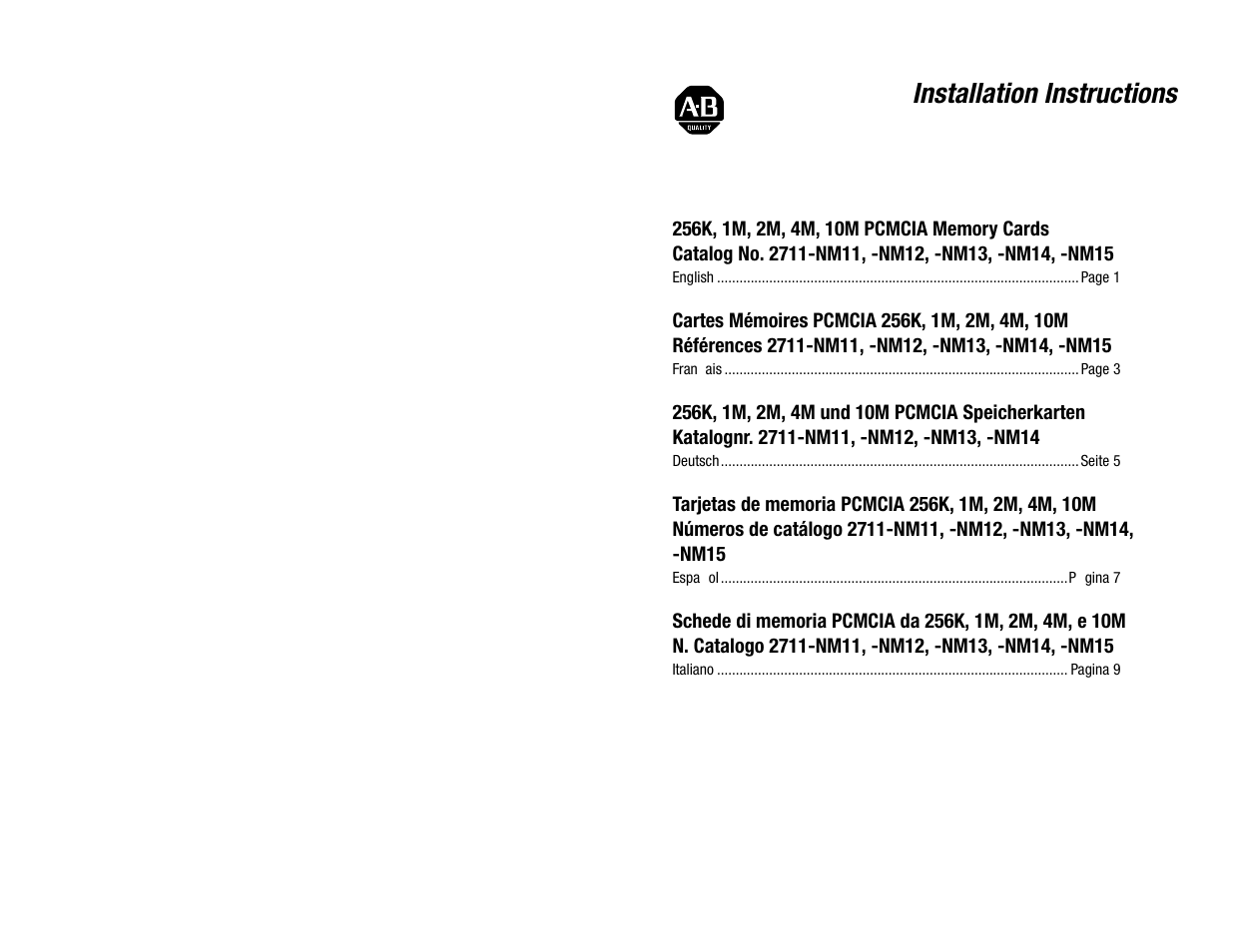 Rockwell Automation 2711-NM11, -NM12, -NM13, -NM14, -NM15 PCMCIA Memory Cards User Manual | 14 pages
