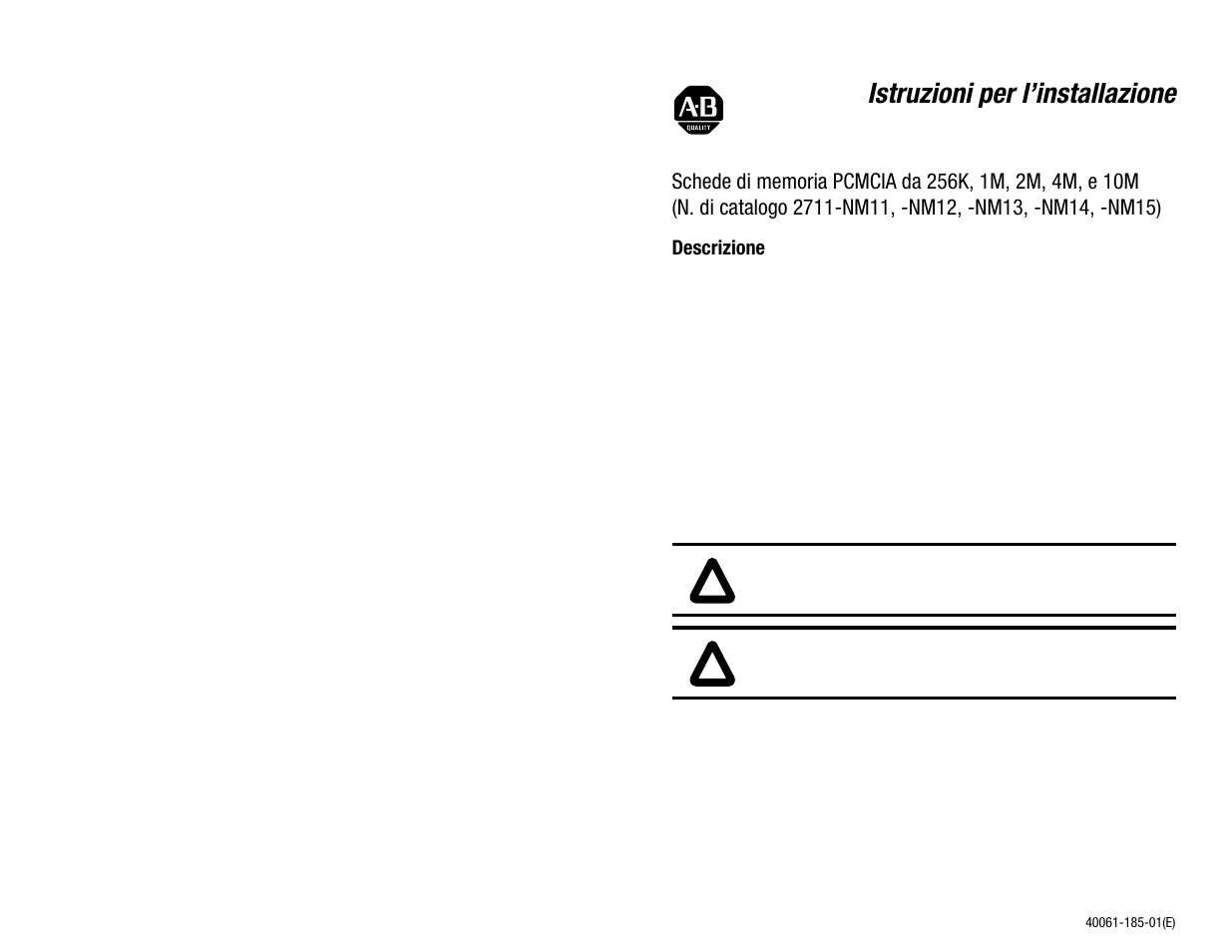 Italiano, Descrizione, Istruzioni per l’installazione | Rockwell Automation 2711-NM11, -NM12, -NM13, -NM14, -NM15 PCMCIA Memory Cards User Manual | Page 11 / 14