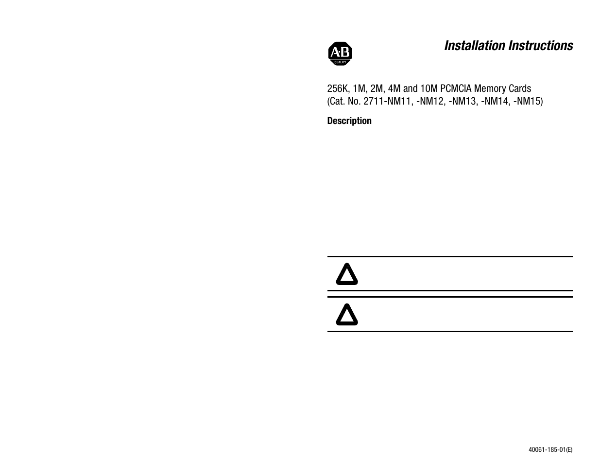 English, Description, Installation instructions | Rockwell Automation 2711-NM11, -NM12, -NM13, -NM14, -NM15 PCMCIA Memory Cards User Manual | Page 3 / 14