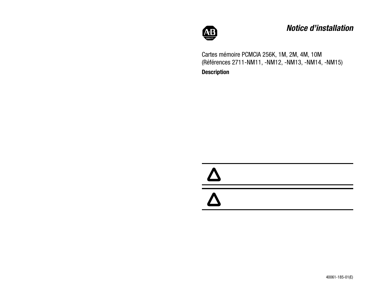 Français, Description, Notice d’installation | Rockwell Automation 2711-NM11, -NM12, -NM13, -NM14, -NM15 PCMCIA Memory Cards User Manual | Page 5 / 14
