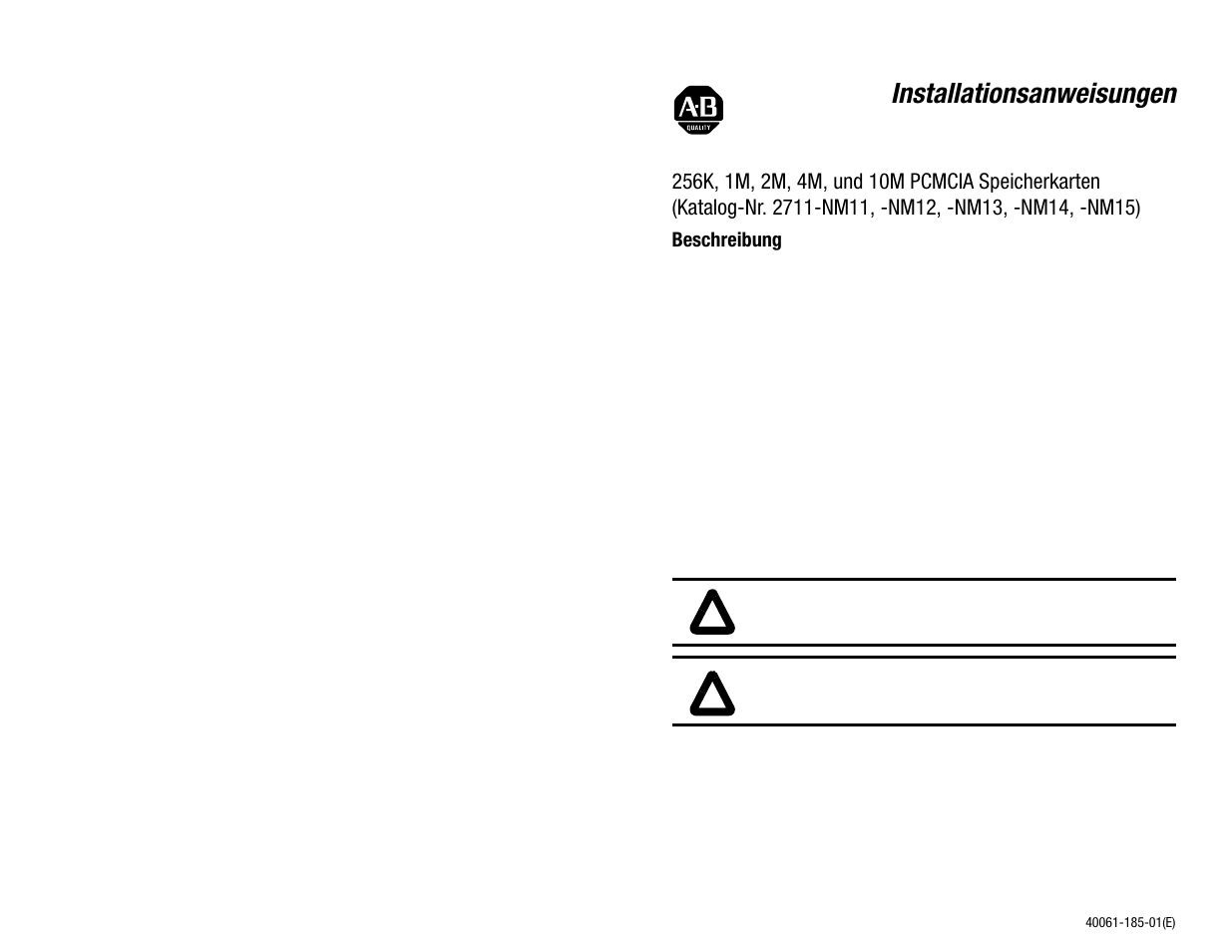 Deutsch, Beschreibung, Installationsanweisungen | Rockwell Automation 2711-NM11, -NM12, -NM13, -NM14, -NM15 PCMCIA Memory Cards User Manual | Page 7 / 14