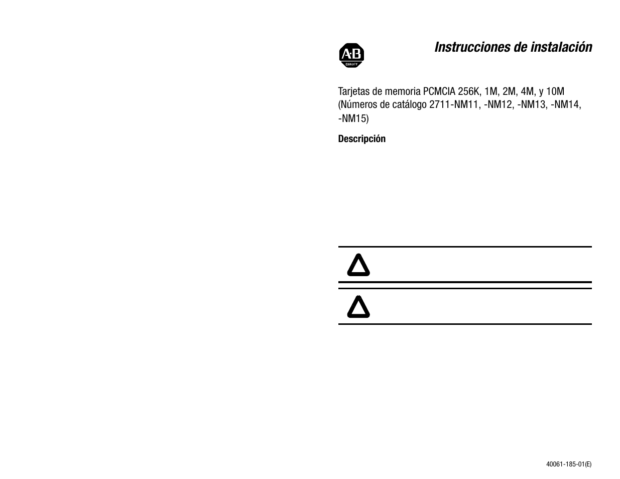 Español, Descripción, Instrucciones de instalación | Rockwell Automation 2711-NM11, -NM12, -NM13, -NM14, -NM15 PCMCIA Memory Cards User Manual | Page 9 / 14