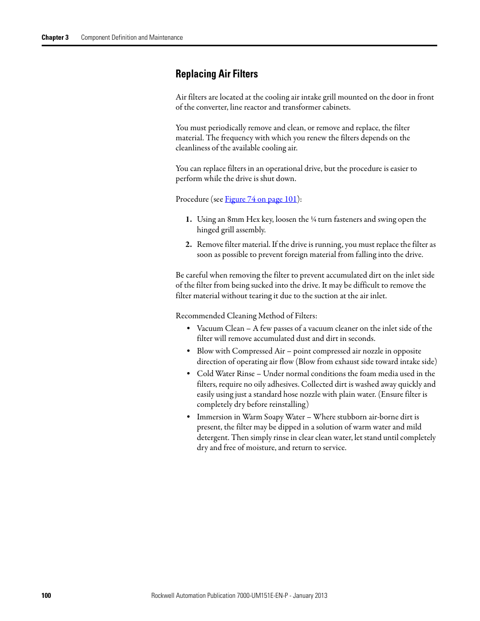 Replacing air filters | Rockwell Automation 7000 PowerFlex Medium Voltage AC Drive (B Frame) - ForGe Control (PanelView 550) User Manual | Page 100 / 290