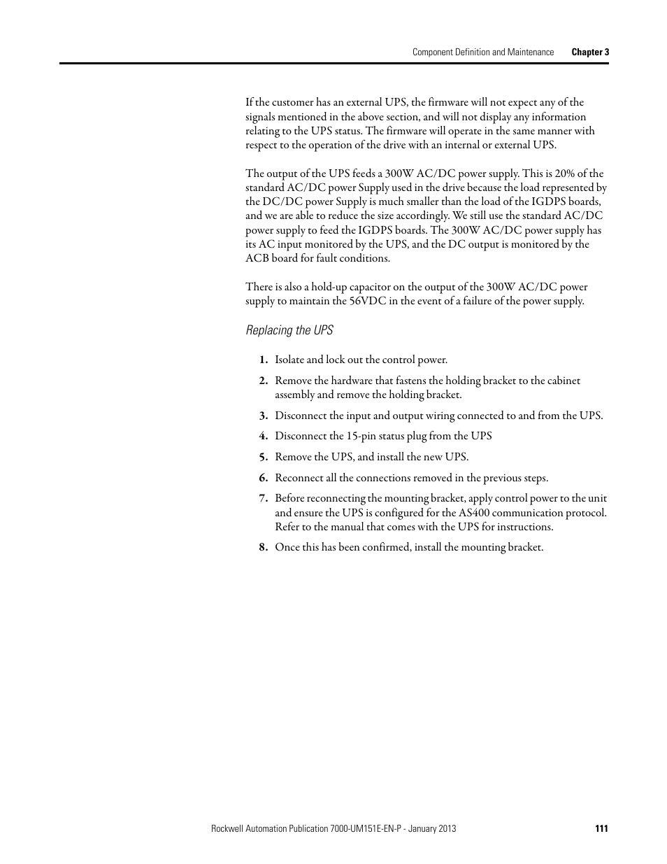 Replacing the ups | Rockwell Automation 7000 PowerFlex Medium Voltage AC Drive (B Frame) - ForGe Control (PanelView 550) User Manual | Page 111 / 290