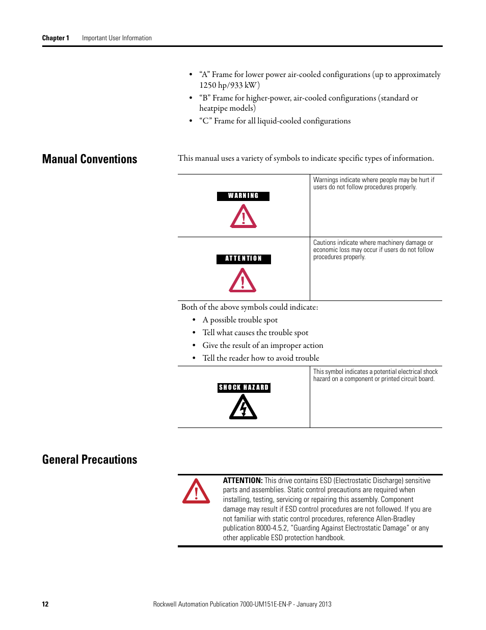 Manual conventions, General precautions, Manual conventions general precautions | Rockwell Automation 7000 PowerFlex Medium Voltage AC Drive (B Frame) - ForGe Control (PanelView 550) User Manual | Page 12 / 290