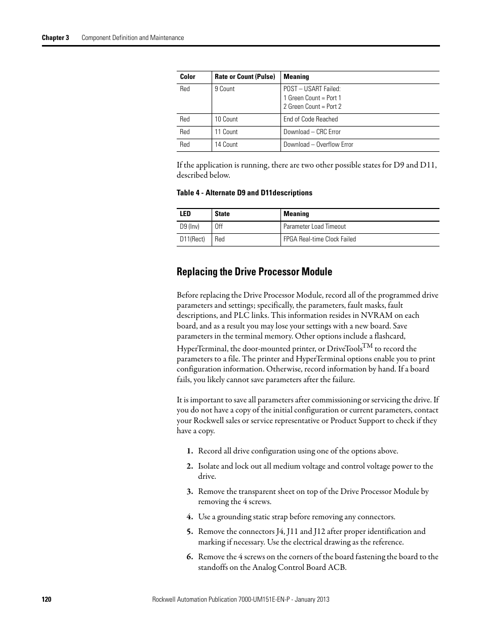 Replacing the drive processor module | Rockwell Automation 7000 PowerFlex Medium Voltage AC Drive (B Frame) - ForGe Control (PanelView 550) User Manual | Page 120 / 290