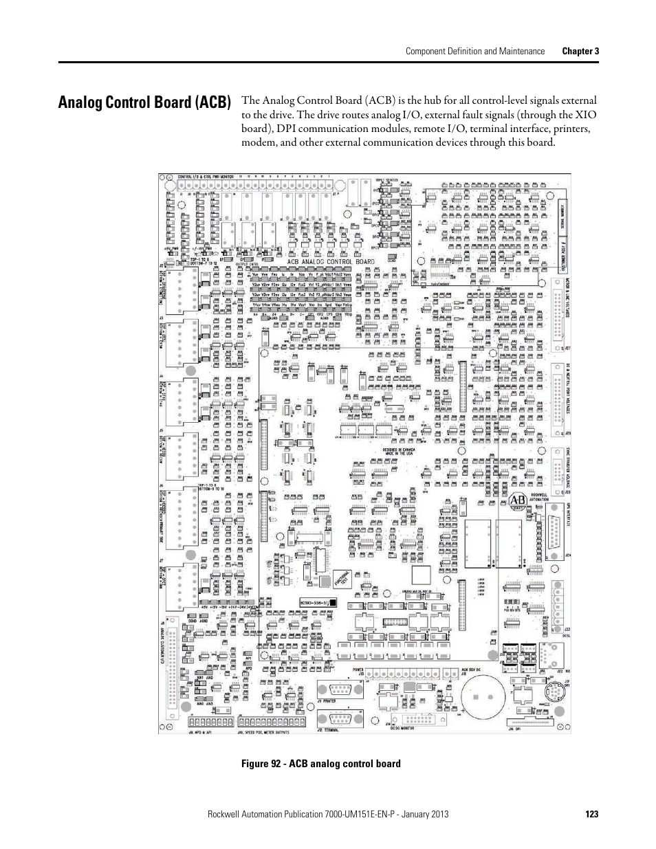 Analog control board (acb) | Rockwell Automation 7000 PowerFlex Medium Voltage AC Drive (B Frame) - ForGe Control (PanelView 550) User Manual | Page 123 / 290