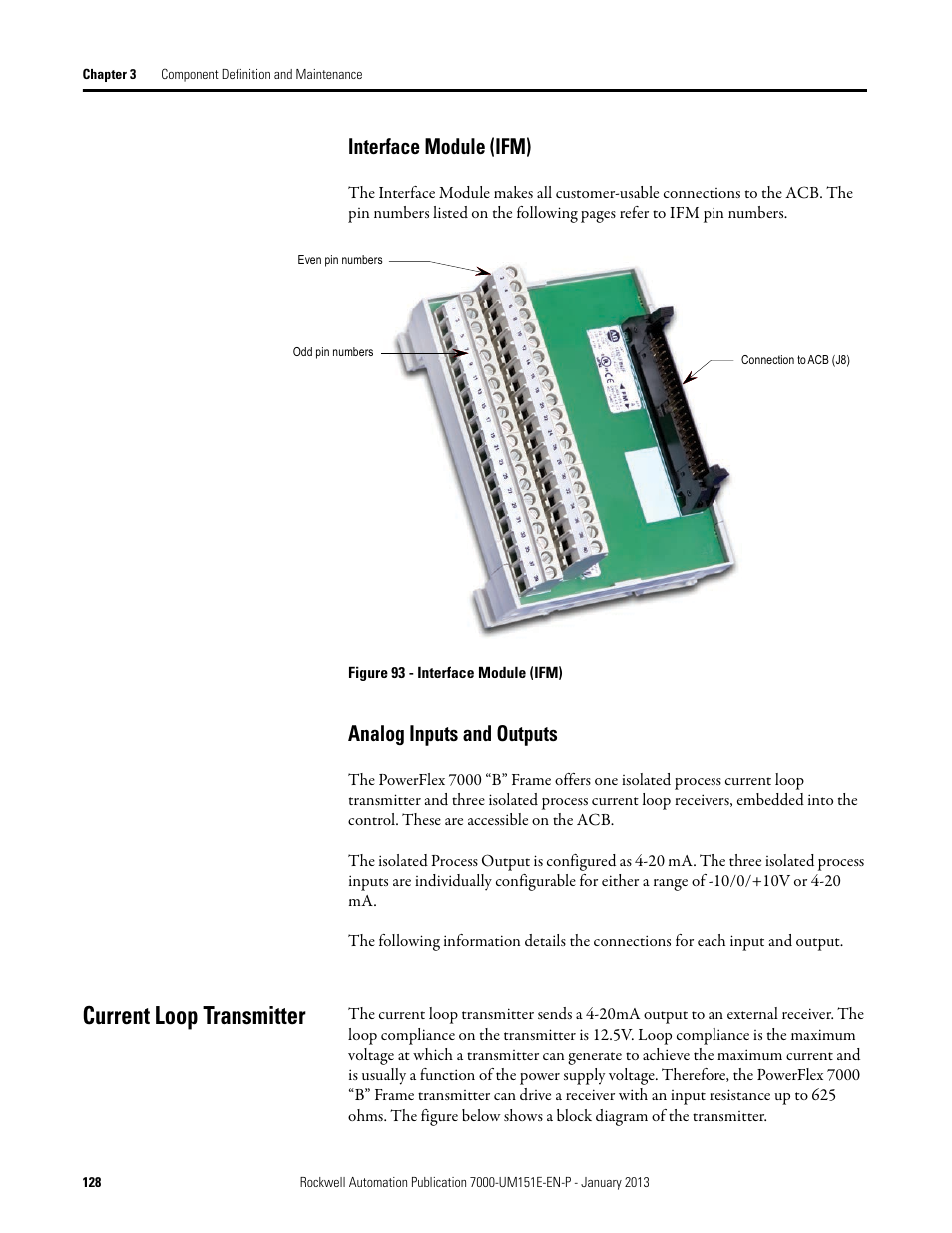 Interface module (ifm), Analog inputs and outputs, Current loop transmitter | Interface module (ifm) analog inputs and outputs | Rockwell Automation 7000 PowerFlex Medium Voltage AC Drive (B Frame) - ForGe Control (PanelView 550) User Manual | Page 128 / 290