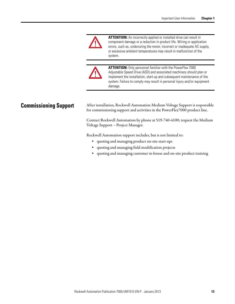 Commissioning support | Rockwell Automation 7000 PowerFlex Medium Voltage AC Drive (B Frame) - ForGe Control (PanelView 550) User Manual | Page 13 / 290
