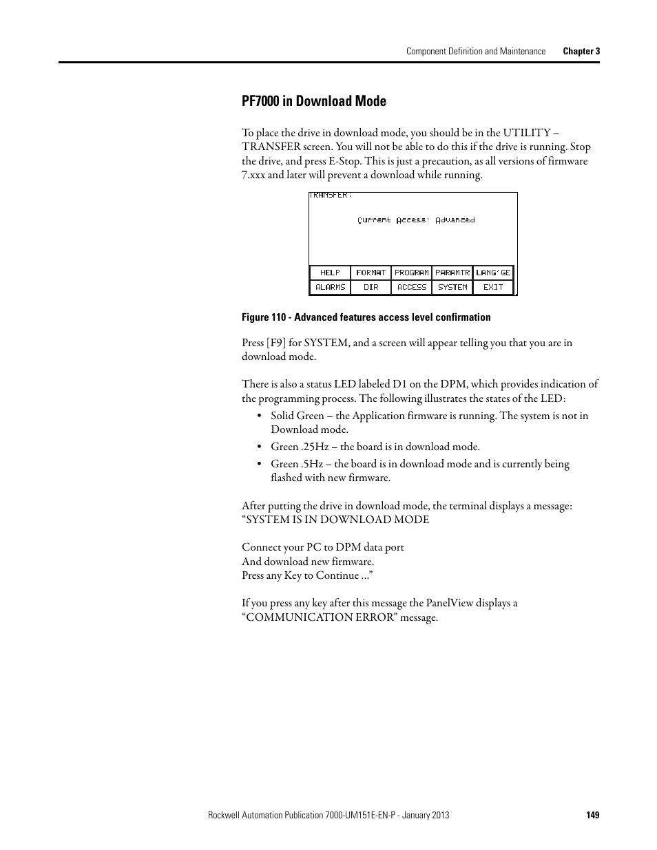 Pf7000 in download mode | Rockwell Automation 7000 PowerFlex Medium Voltage AC Drive (B Frame) - ForGe Control (PanelView 550) User Manual | Page 149 / 290