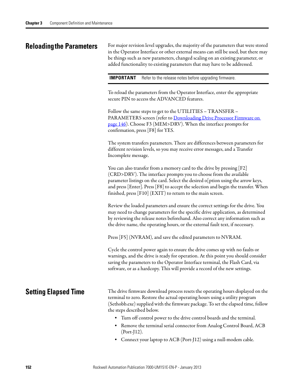 Reloading the parameters, Setting elapsed time, Reloading the parameters setting elapsed time | Rockwell Automation 7000 PowerFlex Medium Voltage AC Drive (B Frame) - ForGe Control (PanelView 550) User Manual | Page 152 / 290