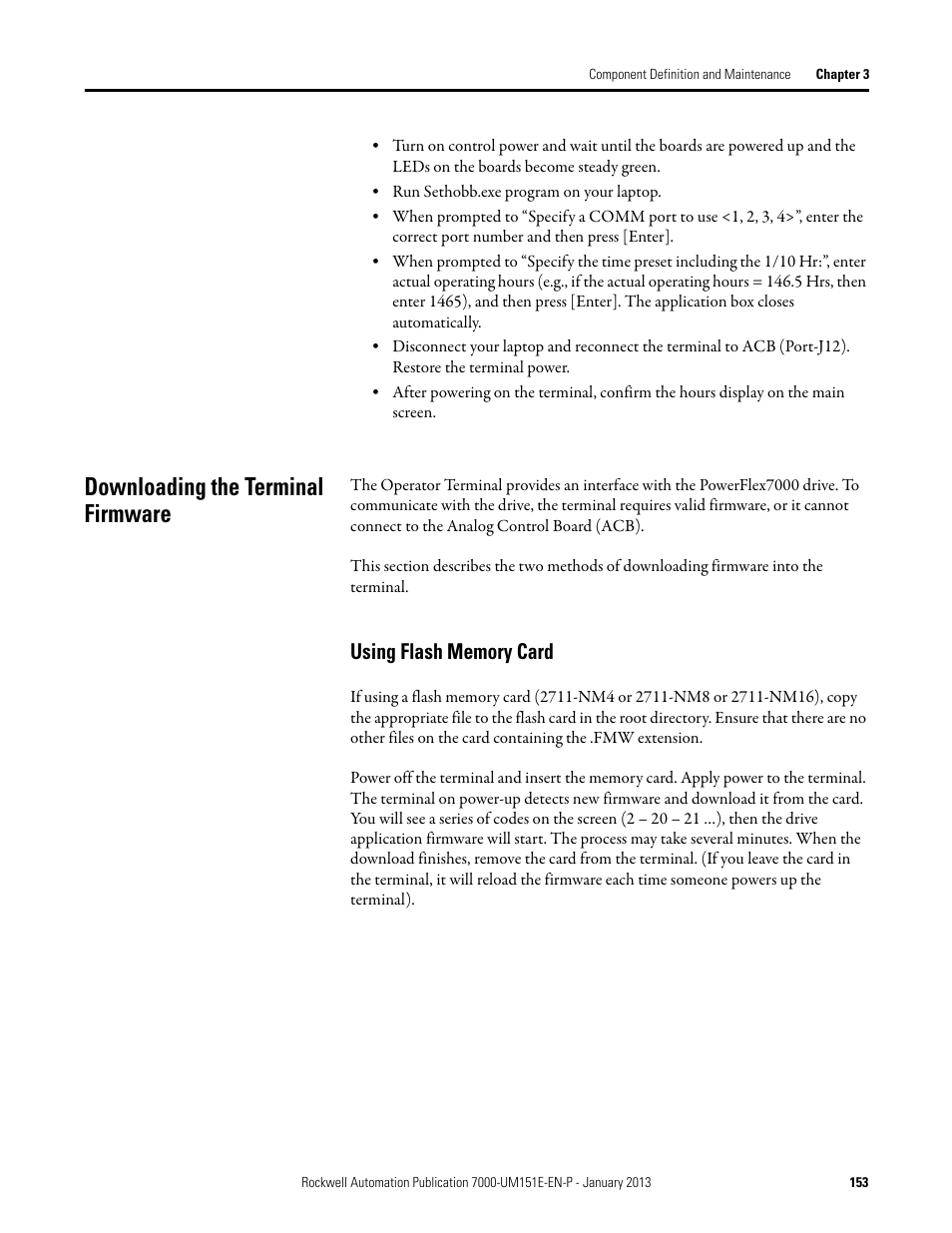 Downloading the terminal firmware, Using flash memory card | Rockwell Automation 7000 PowerFlex Medium Voltage AC Drive (B Frame) - ForGe Control (PanelView 550) User Manual | Page 153 / 290