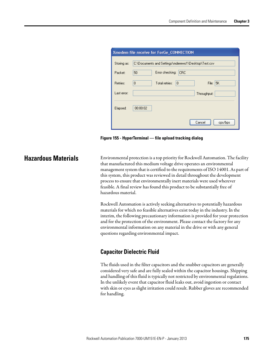 Hazardous materials, Capacitor dielectric fluid | Rockwell Automation 7000 PowerFlex Medium Voltage AC Drive (B Frame) - ForGe Control (PanelView 550) User Manual | Page 175 / 290