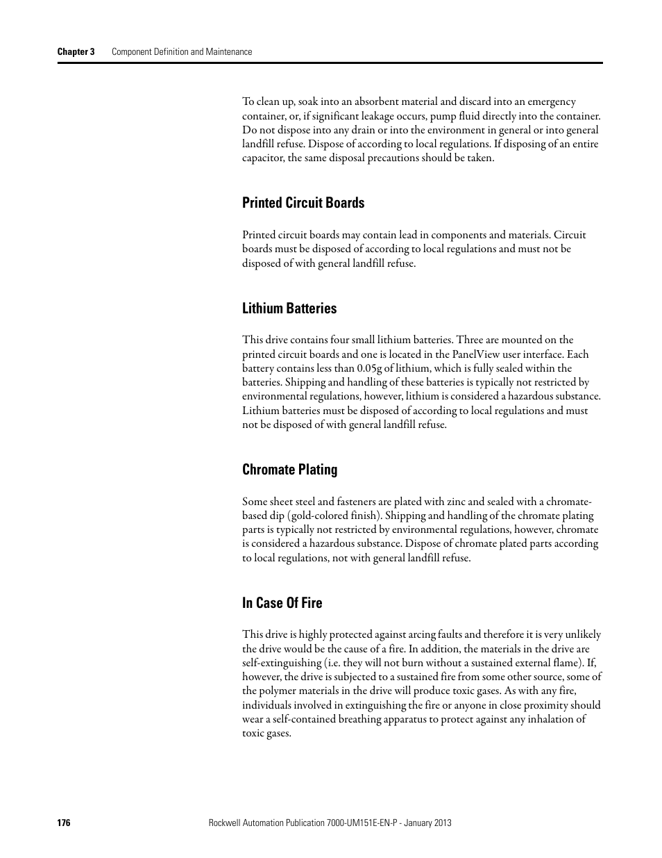 Printed circuit boards, Lithium batteries, Chromate plating | In case of fire | Rockwell Automation 7000 PowerFlex Medium Voltage AC Drive (B Frame) - ForGe Control (PanelView 550) User Manual | Page 176 / 290