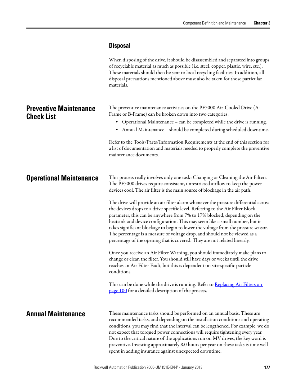 Disposal, Preventive maintenance check list, Operational maintenance | Annual maintenance | Rockwell Automation 7000 PowerFlex Medium Voltage AC Drive (B Frame) - ForGe Control (PanelView 550) User Manual | Page 177 / 290