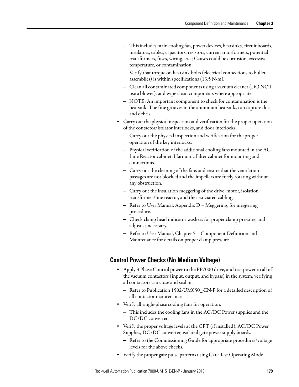 Control power checks (no medium voltage) | Rockwell Automation 7000 PowerFlex Medium Voltage AC Drive (B Frame) - ForGe Control (PanelView 550) User Manual | Page 179 / 290